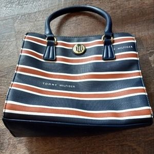 Tommy Hilfiger red, blue, and white striped small satchel purse